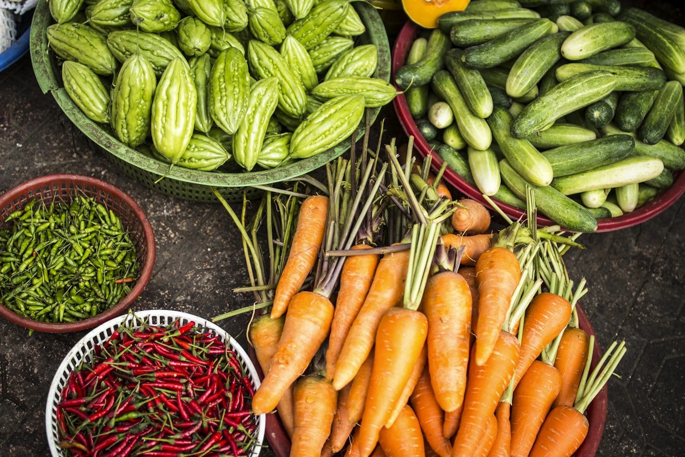 Vegetables in baskets at a market